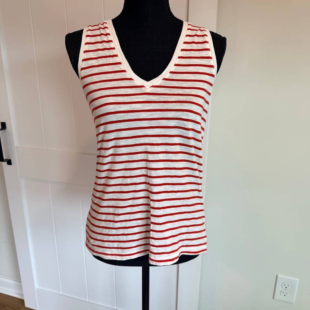 Madewell Red White Striped V-Neck Cotton Slub Tank Top Sleeveless Womens Small